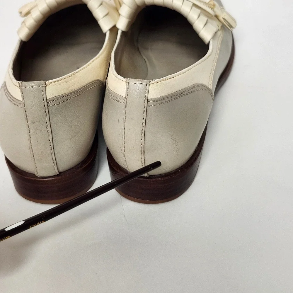 Tory Burch Ruth Floral Tassel Kiltie Loafers Size 7 Gray Leather Boho Chic Prep